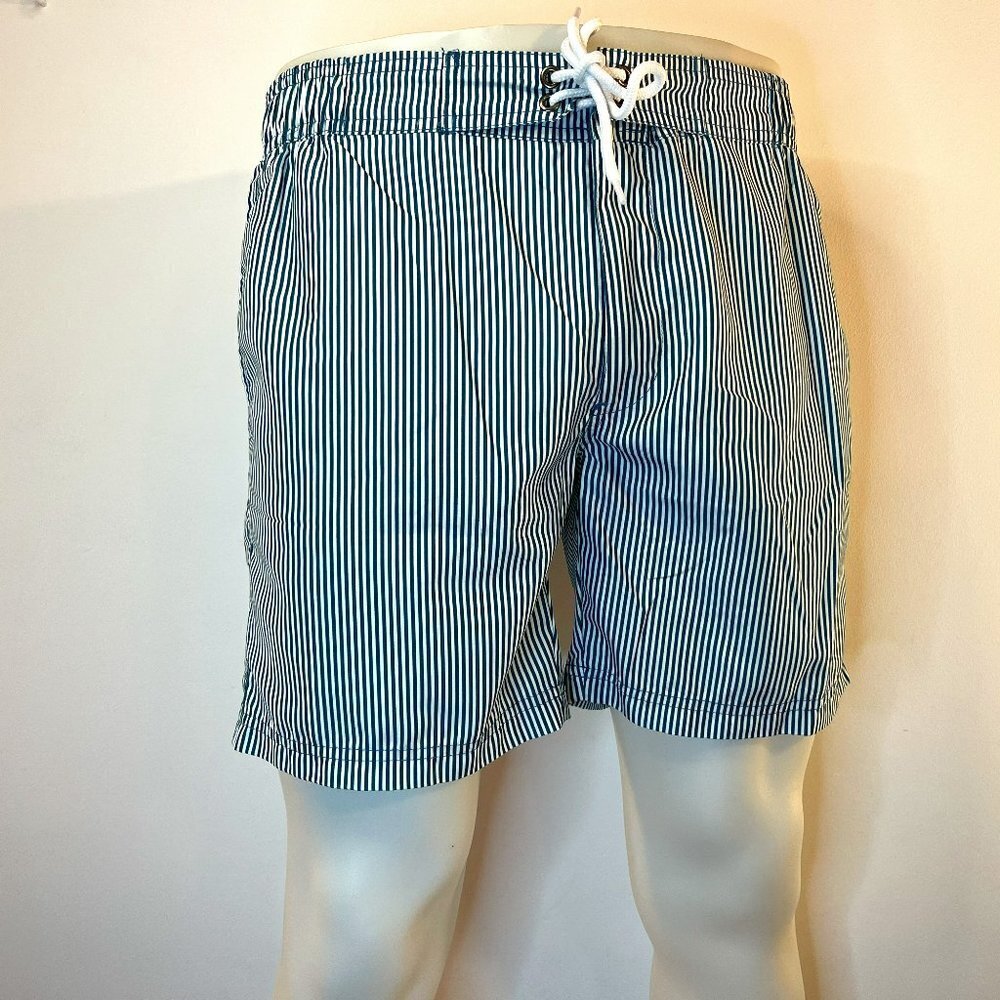 COLE Men's Teal Striped Brief Lined 6" Swim Trunks - Size Small